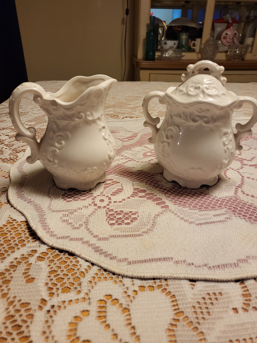 White Embossed Ceramic Creamer and Sugar Set